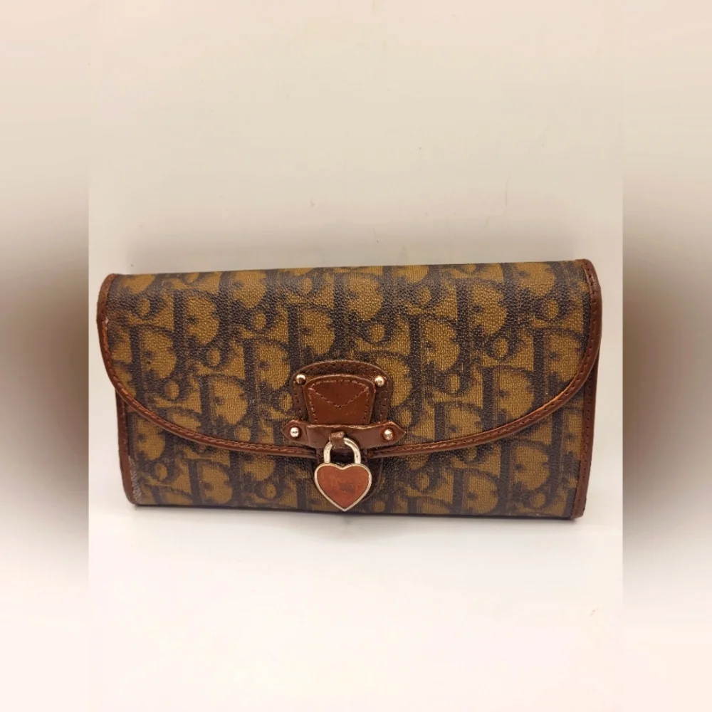 Christian Dior Trotter Canvas Long PVC Brown Heart Vintage Long Wallet
